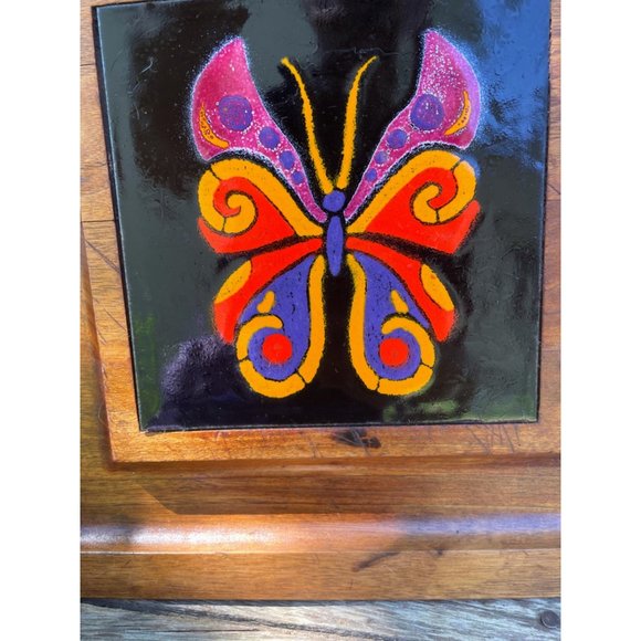 Vintage MCM Teak Wood Style Footed Tray Trivet Tile Butterfly - Picture 13 of 14